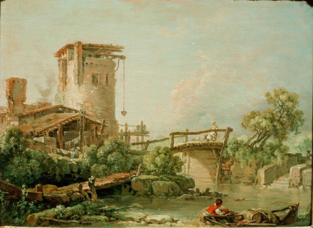 Paisaje con torre y puente de François Boucher