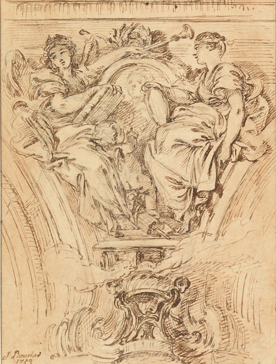 Decoración de enjuta- Fama y Verdad aplaudiendo a Luis XV de François Boucher