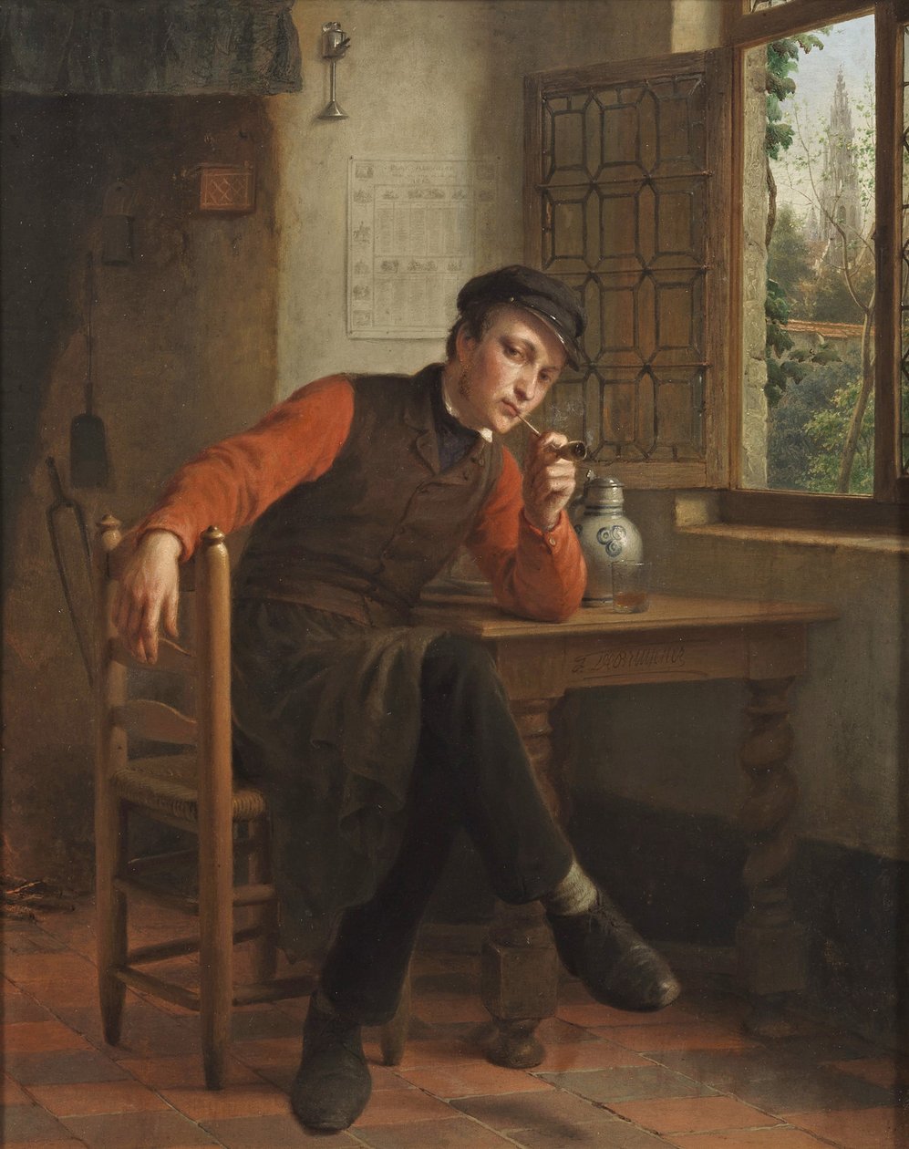 François Antoine De Bruycker - Joven fumando en pipa en el interior de un salón de François Antoine de Bruycker