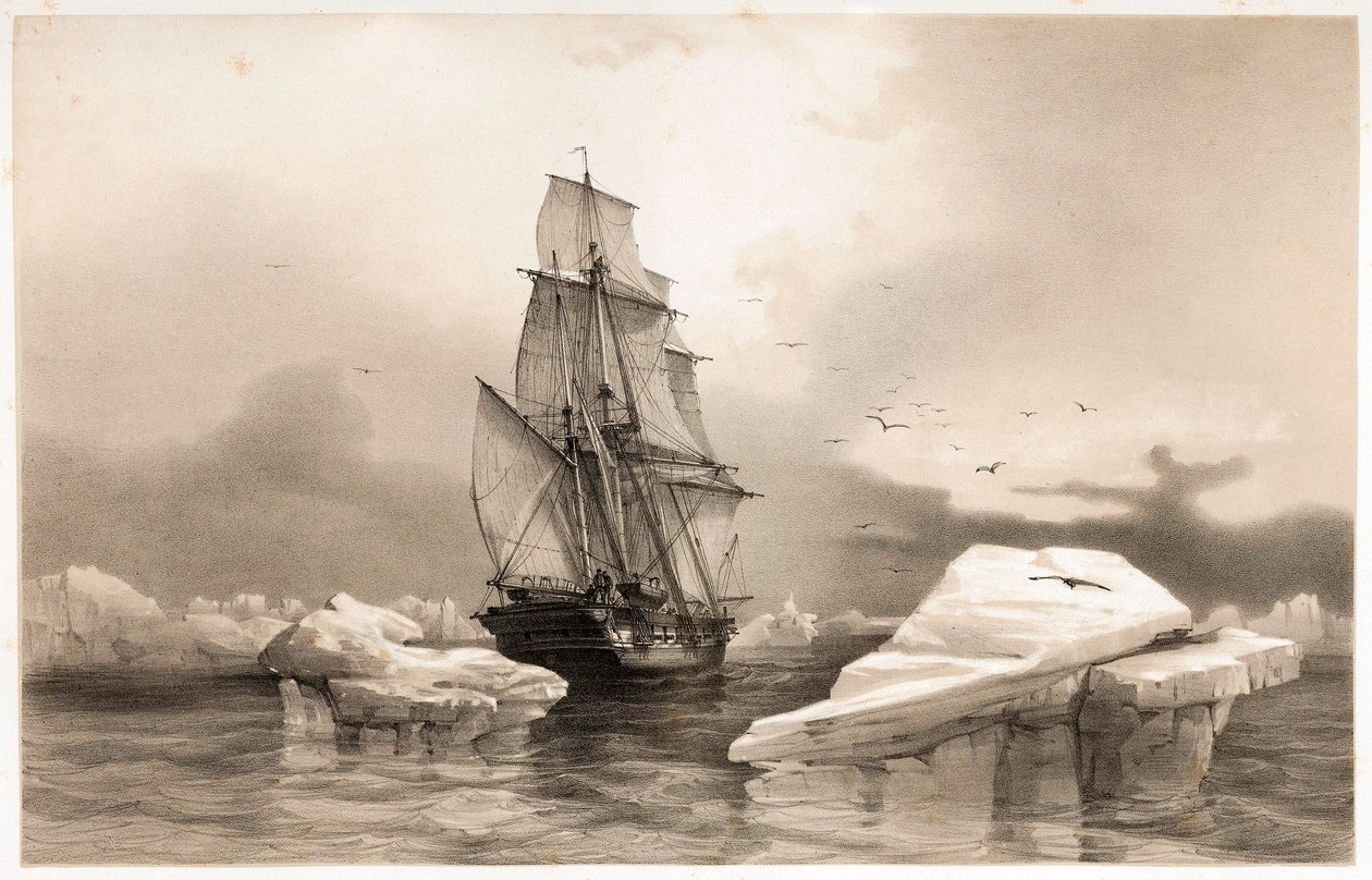 Corbeta La Recherche cerca de la Isla del Oso el 7 de agosto de 1838, de Viajes en Escandinavia, 1852 de François Auguste Biard