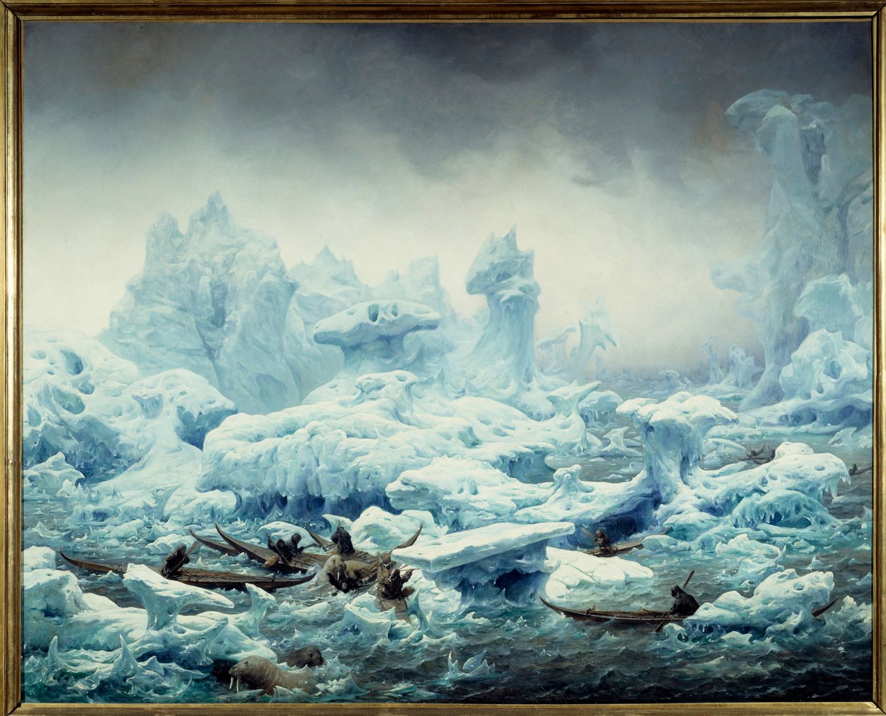 Vista del océano helado, pesca de morsas por los groenlandeses de François Auguste Biard