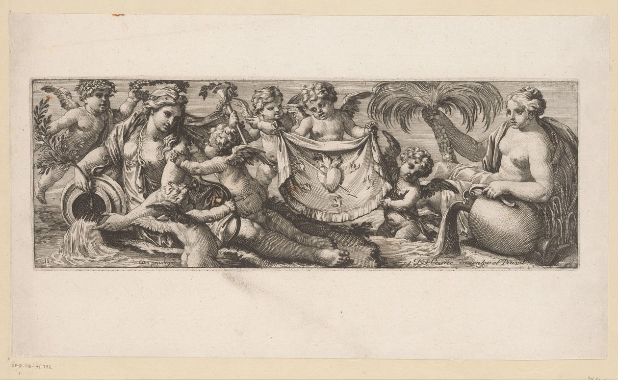 Putto con el corazón ardiendo y traspasado por unas ninfas de agua Figuras mitológicas junto al agua (título de la serie) de François Bignon