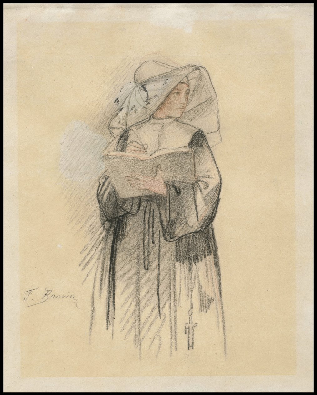 Una monja sosteniendo un libro y una pluma, 1827-87 de François Bonvin