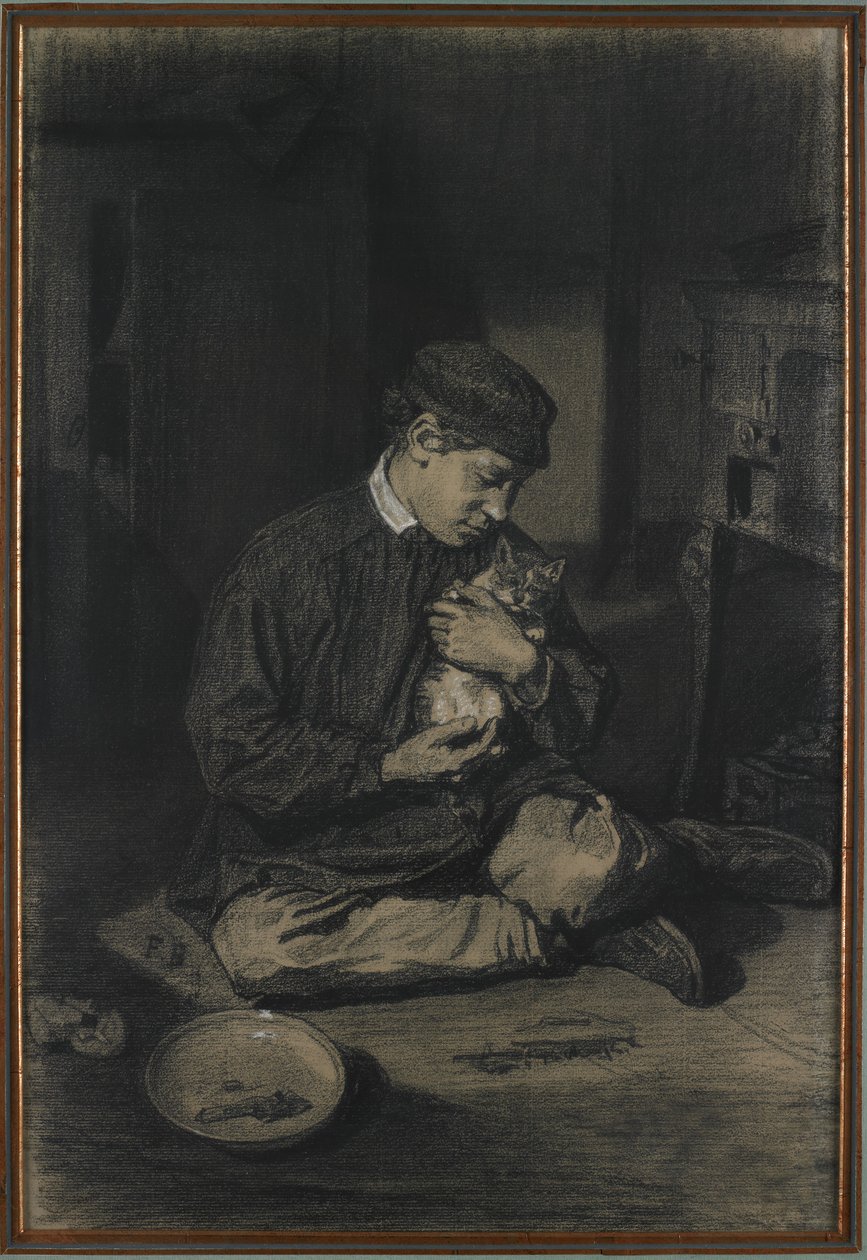 Niño sentado sosteniendo un gato (recto); Estudio de gatitos y un plato de leche (verso), c. 1874-80 de François Bonvin