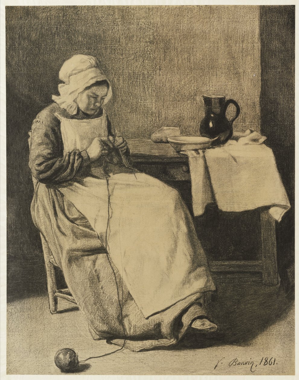 Sirvienta tejiendo, 1861 de François Bonvin