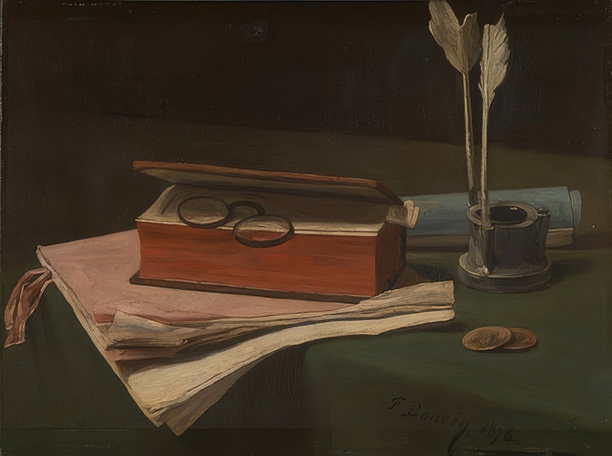 Naturaleza muerta con libro, papeles y tintero, 1876 de François Bonvin