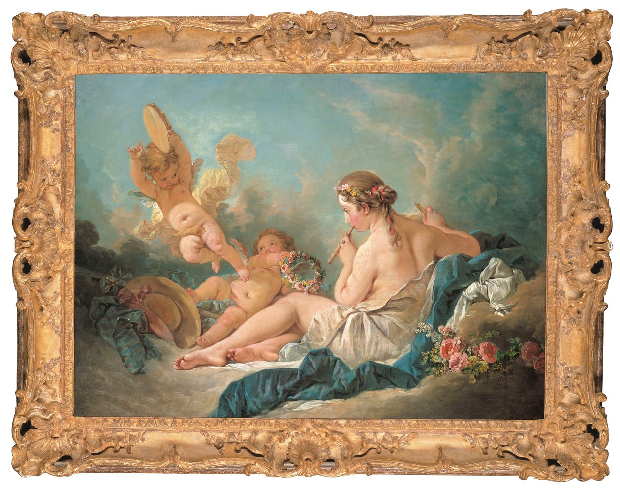Una ninfa reclinada tocando la flauta con putti, quizás la musa Euterpe, 1752 de François Boucher