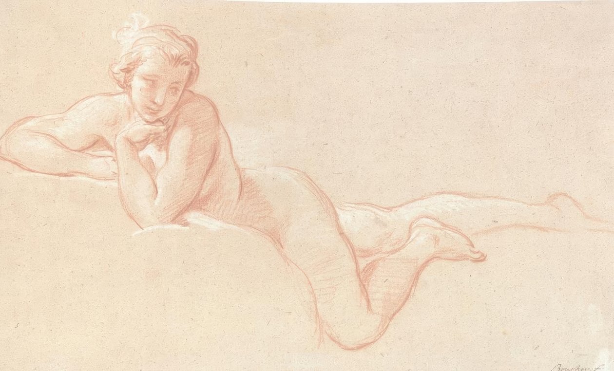 Estudio de desnudo de una mujer acostada en las nubes, con la barbilla apoyada en la mano izquierda de François Boucher