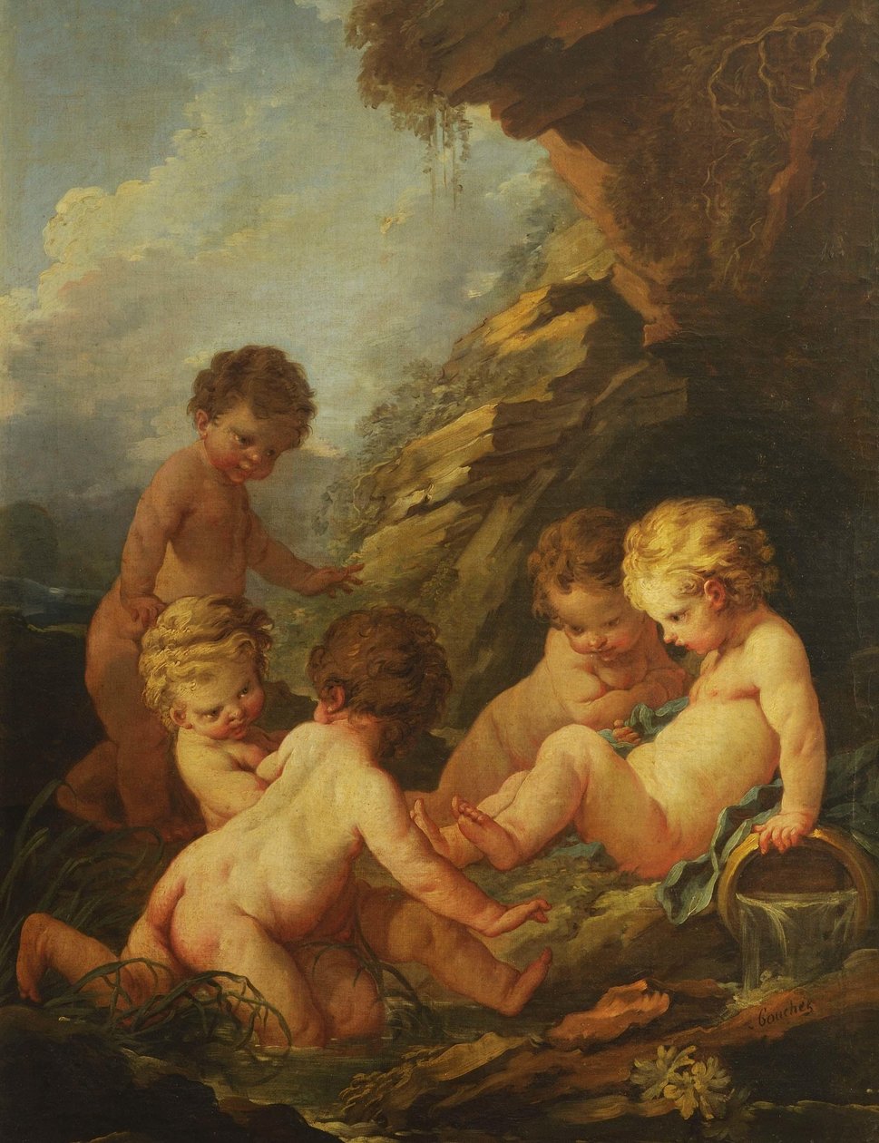 Boucher - Cinco niños desnudos jugando junto a un estanque rocoso, 1730-1735 de François Boucher