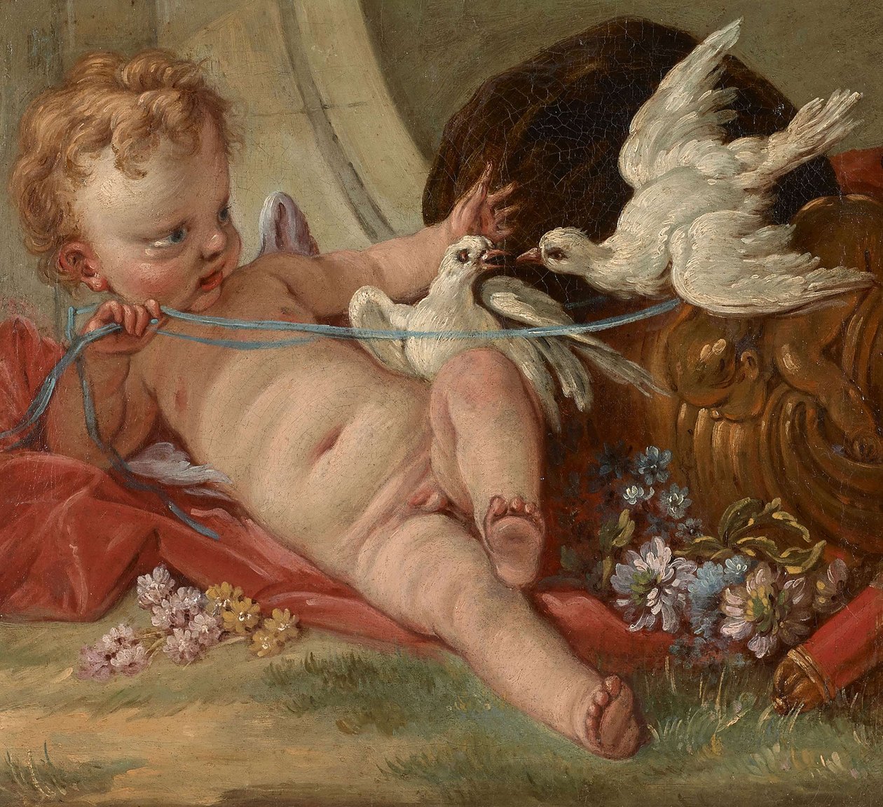 Entourage de François Boucher - El amor sosteniendo dos palomas de François Boucher