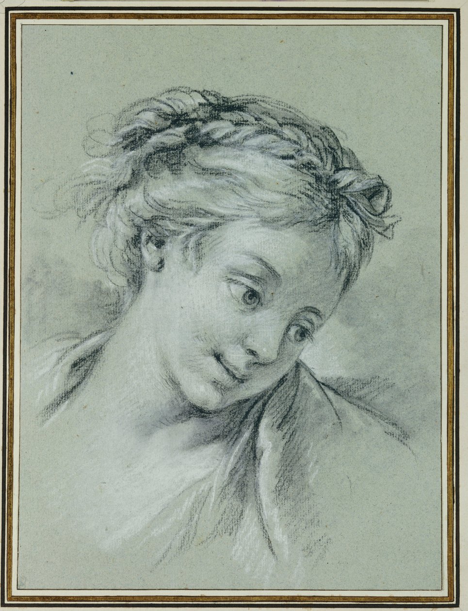 Cabeza de una niña mirando hacia abajo a la derecha de François Boucher
