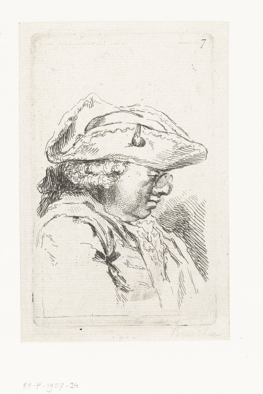 Cabeza de hombre con gafas y tricornio Conjunto de pequeñas piezas de género y encabezados (título de la serie) de François Boucher