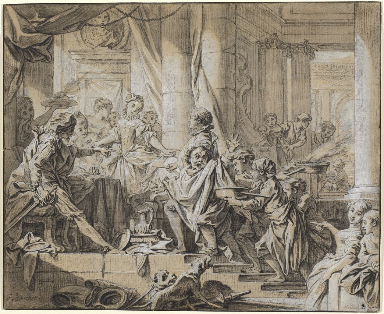 Sancho huyendo de los sirvientes del duque de François Boucher