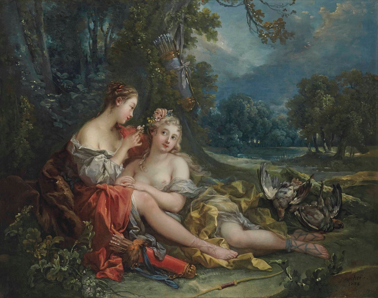 Dos ninfas de Diana descansan tras su regreso de la caza de François Boucher