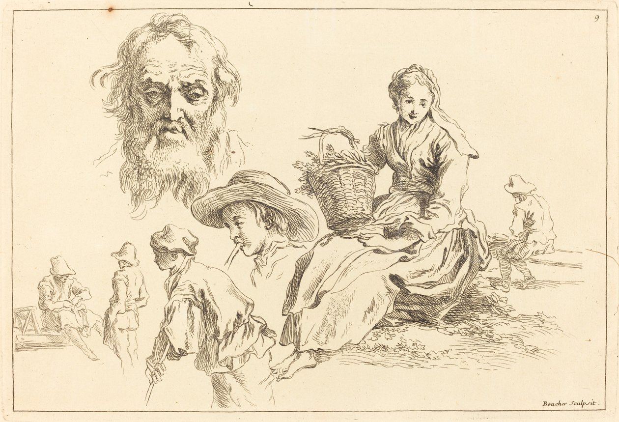 Estudios de figuras incluyendo rostro barbudo de un anciano de François Boucher after Abraham Bloemaert