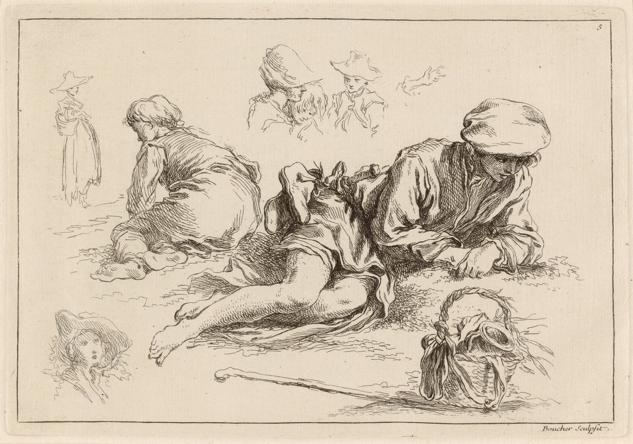 Estudios de figuras incluyendo niño reclinado de François Boucher after Abraham Bloemaert