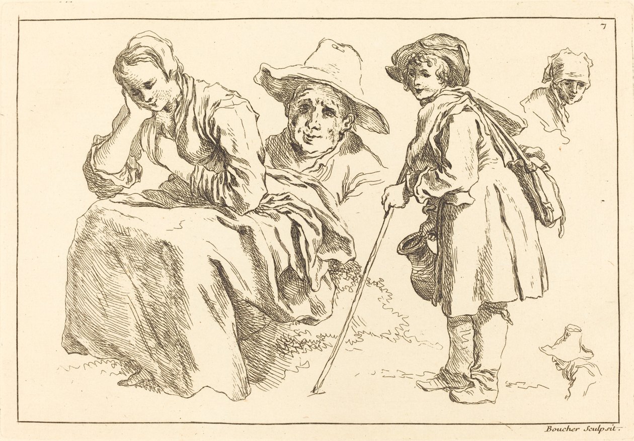Estudios de figura incluyendo niño de pie sosteniendo una jarra de François Boucher after Abraham Bloemaert
