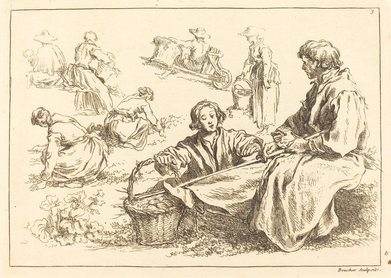 Estudios de Figuras incluyendo Dos Campesinos Sentados de François Boucher after Abraham Bloemaert