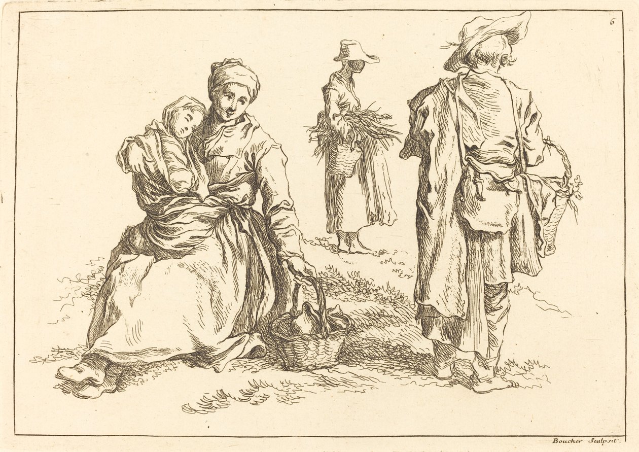 Madre sentada y niño, dos campesinos de pie de François Boucher after Abraham Bloemaert