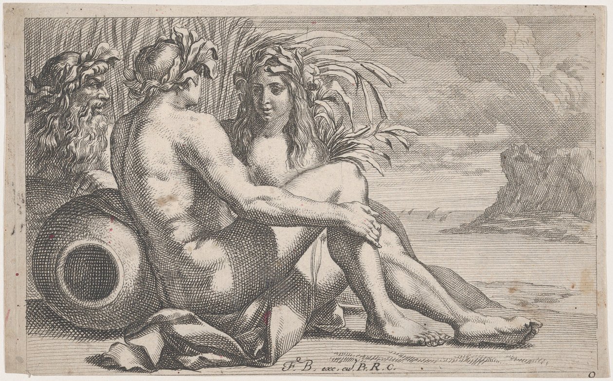 Dioses del río reclinados ante un paisaje marino, 1651-82 de François Bourlier