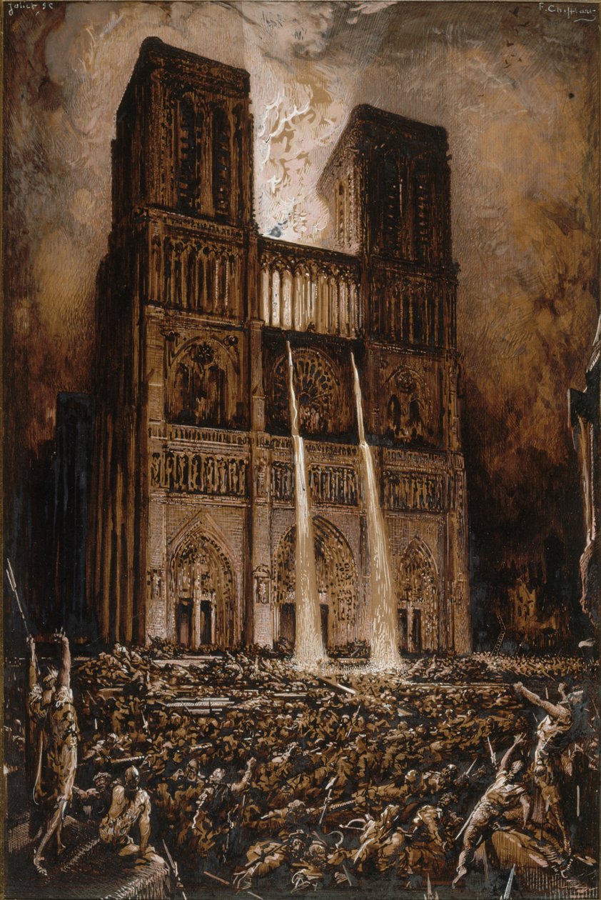 Ataque a Notre-Dame. El jorobado de Notre-Dame de Victor Hugo, ca 1877 de François Chifflart