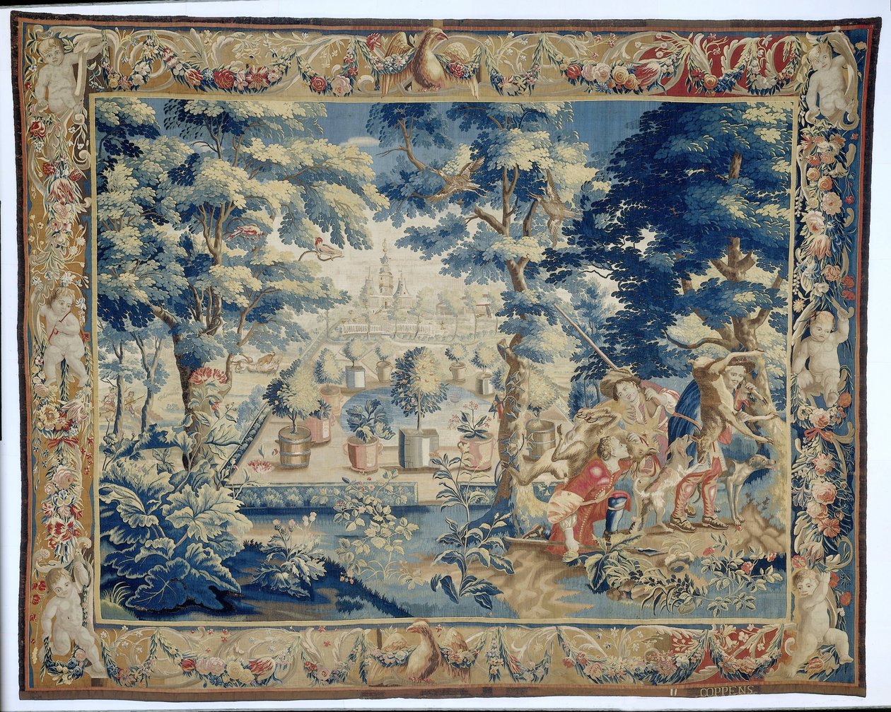 Vista al parque con cazadores con su captura. Vistas al parque con figuras (título de la serie) de François Coppens