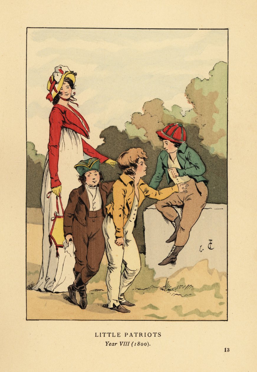 Niños con chaquetas y calzones con Merveilleuse en túnica romana con gorro y chaqueta spencer. Pequeños Patriotas, Año VIII de François Courboin