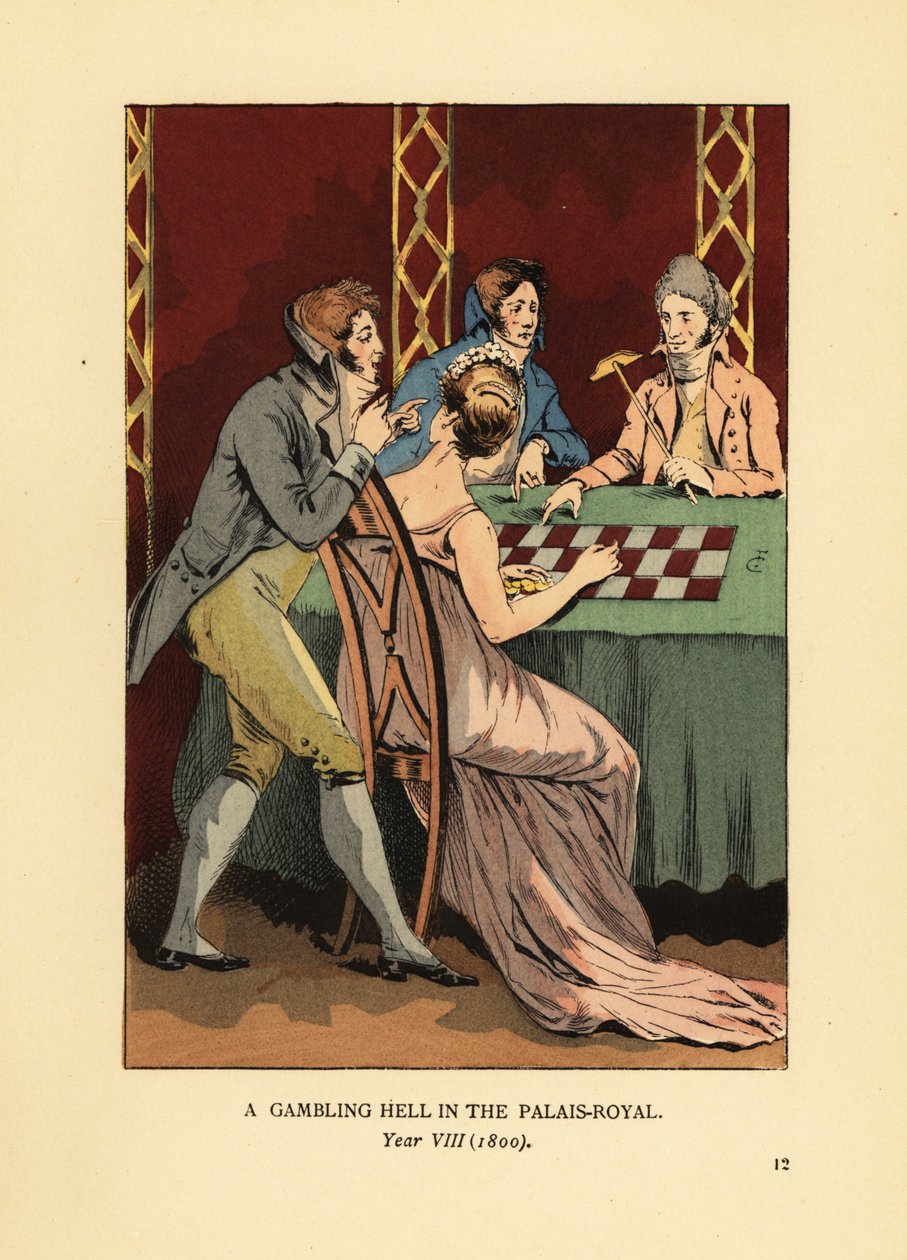 Incroyables de moda con chaquetas de cuello alto en una mesa de juego con una joven y un crupier. Un infierno de juego en el Palais Royal, Año VIII de François Courboin
