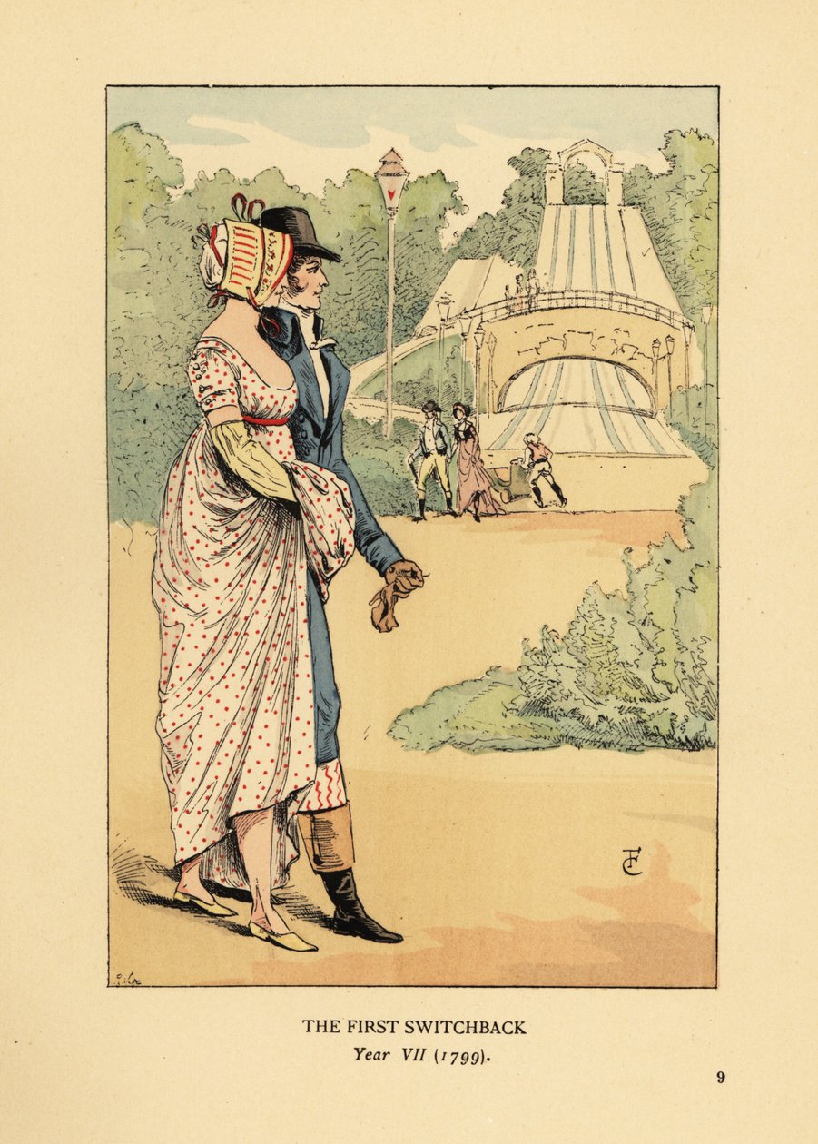 Pareja de moda en la montaña rusa de las Montañas Rusas en Belleville, construida en 1812. (El primer switchback, Año VII) de François Courboin