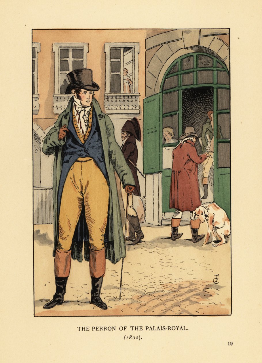 Caballero elegante frente a la entrada del Passage du Perron, Palais Royal. Lleva sombrero, corbata, abrigo, chaleco, calzones y botas. El Perron del Palais Royal, París de François Courboin