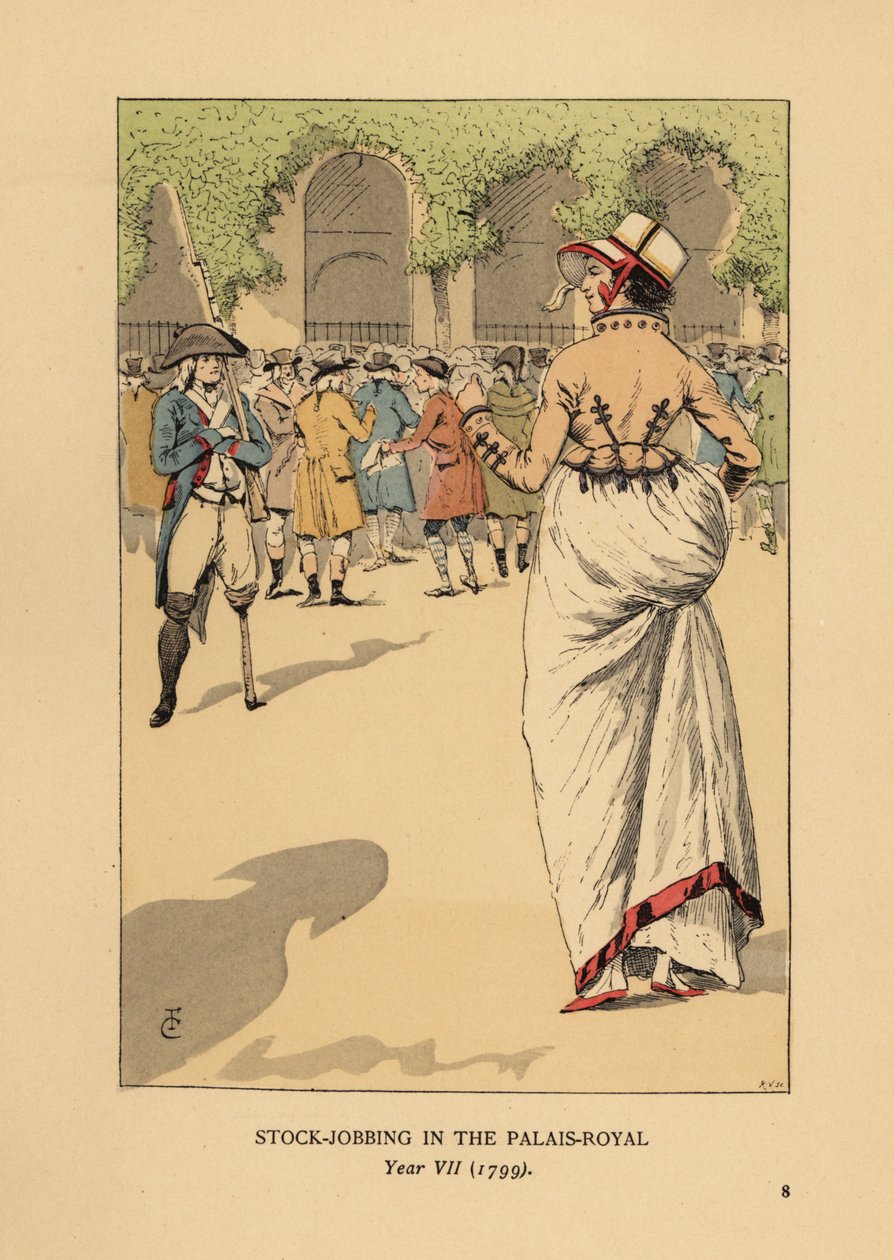 Mujer de moda con un grupo de especuladores o agioteurs, París. Un soldado revolucionario con una pierna hace guardia. Especulación en el Palais Royal, Año VII de François Courboin