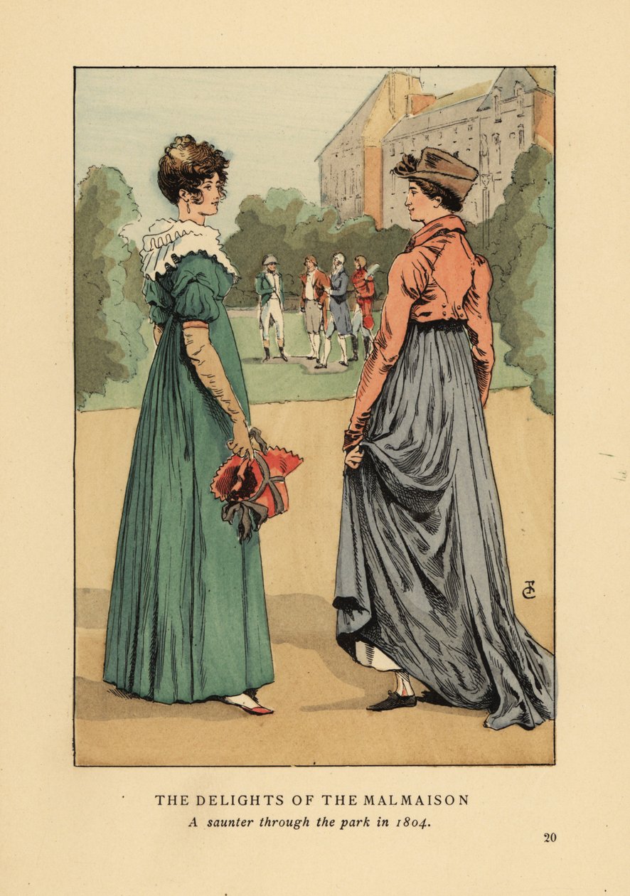 Mujeres de moda disfrutando de las delicias del Chateau de Malmaison. Un paseo por el parque en 1804. Litografía coloreada a mano por R.V. después de una ilustración de Francois Courboin de La moda en París de Octave Uzanne, William Heinemann, Londres de François Courboin
