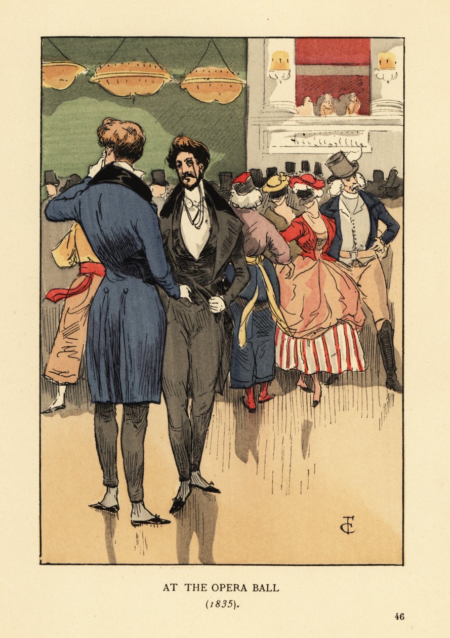 Petimetres con abrigo con colas, chaleco, pantalones ajustados y medias blancas. Personas con disfraces y máscaras detrás de ellos. En el Baile de la Ópera 1835. Litografía coloreada a mano por R.V. después de una ilustración de François Courboin del libro de François Courboin
