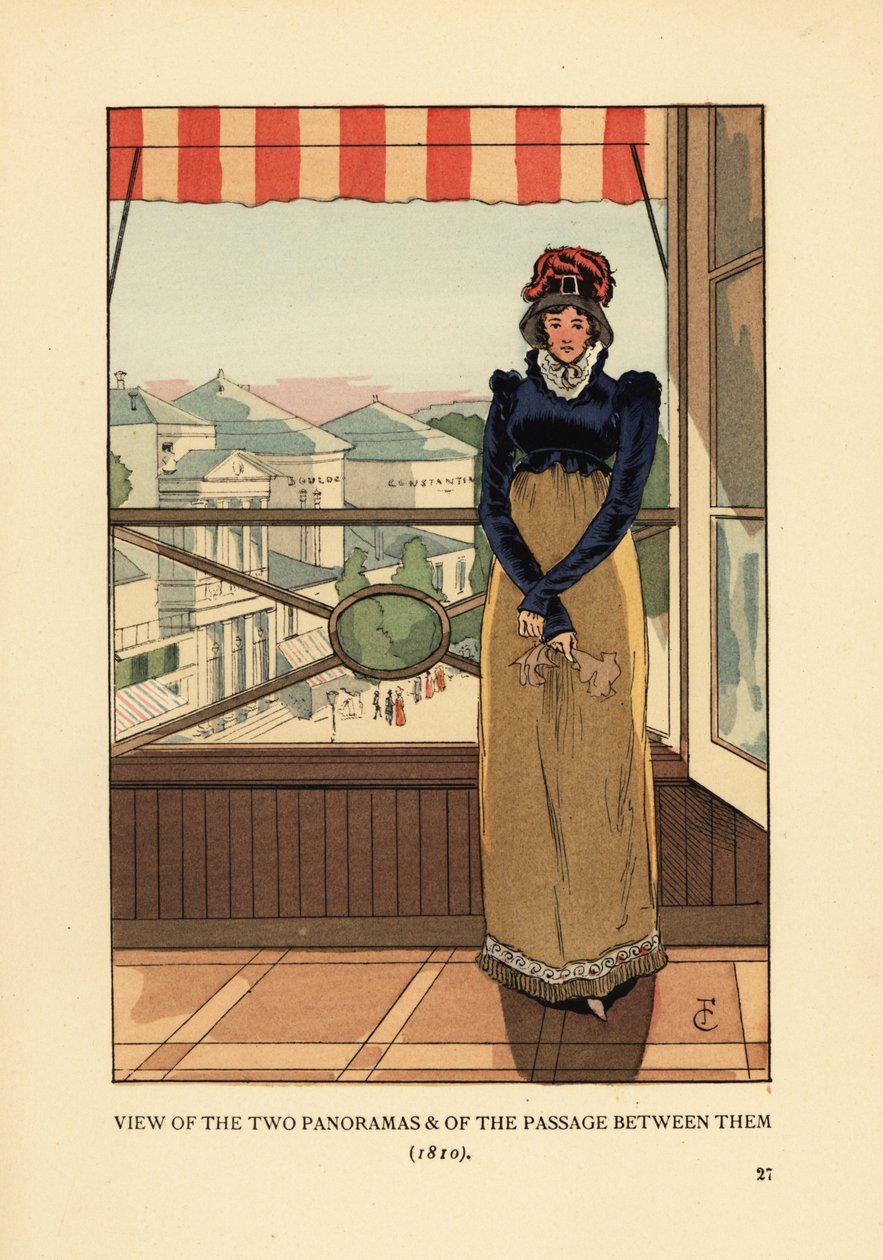 Mujer en la ventana con vista a los Panoramas y el Passage des Panoramas, en el Boulevard Montmartre, París de François Courboin