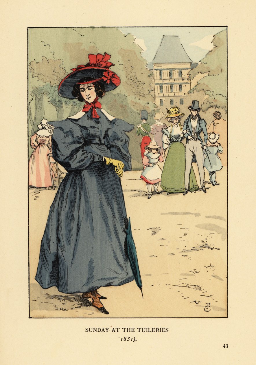 Mujer paseando con su mejor atuendo en el parque. Lleva un sombrero de ala ancha, vestido con mangas abullonadas, botas hasta el tobillo y lleva un parasol. Domingo en el Jardín de las Tullerías de François Courboin