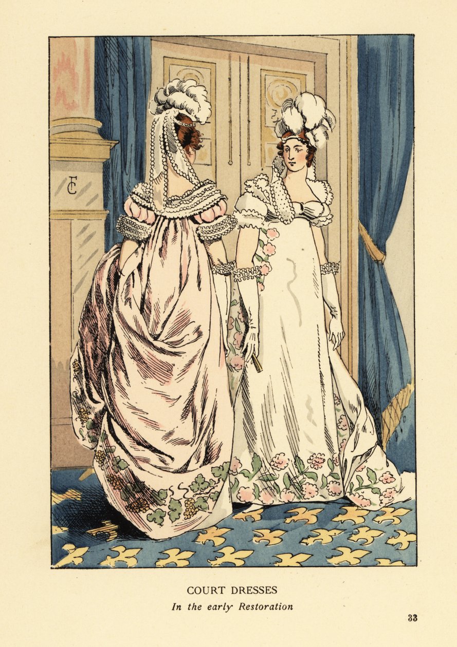 Mujeres con tocados de plumas y vestidos bordados lujosamente, corte del Rey Luis XVIII, alrededor de 1817. Interior con cortinas azules y alfombra de flor de lis. Vestidos de corte en la primera Restauración, París. Litografía coloreada a mano por R.V. de de François Courboin