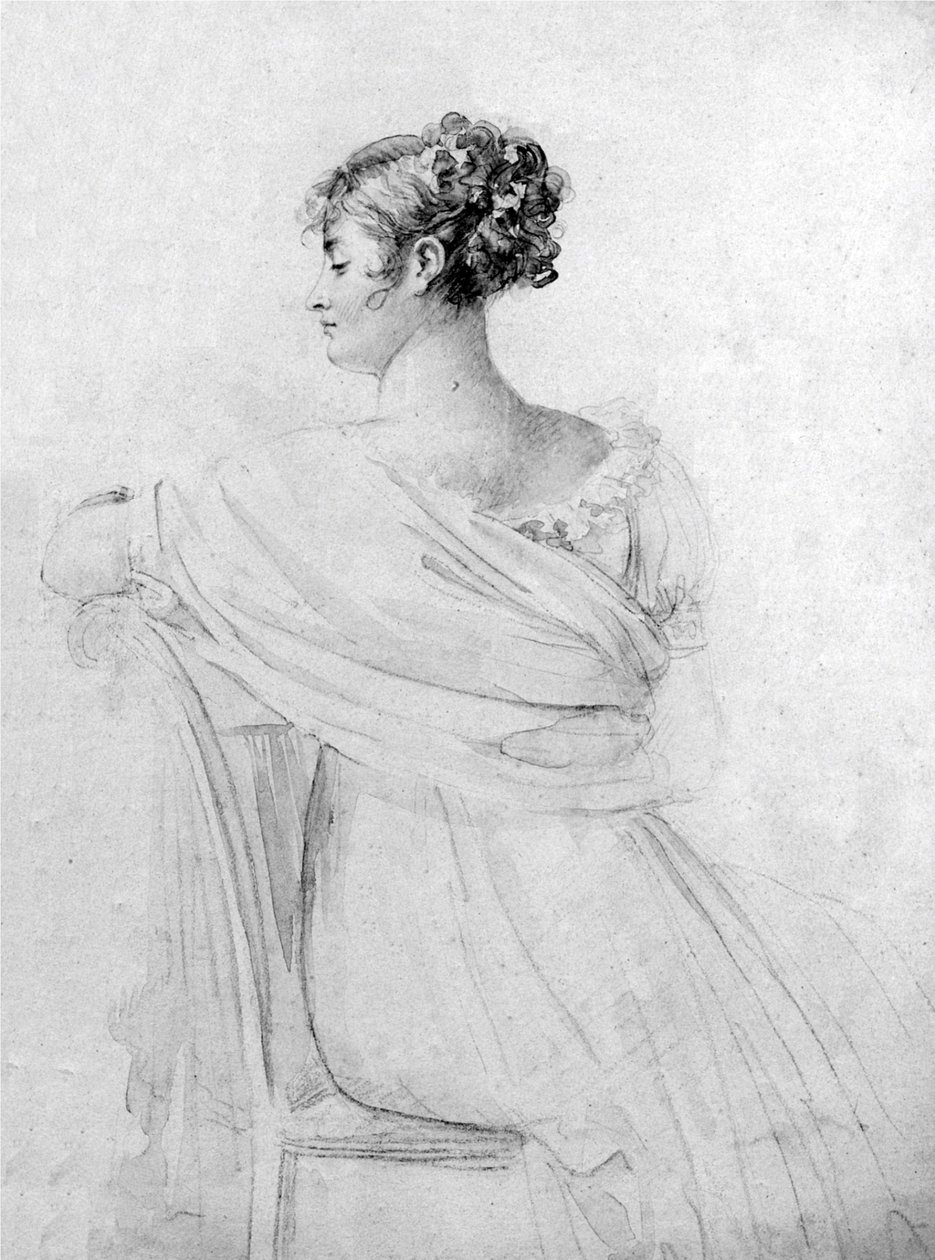 Retrato de la Sra. Récamier, tiza negra, realces de acuarela, por François Gérard. de François Gérard