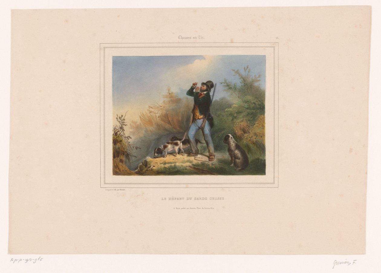 Guarda de caza con tres sabuesos
Le départ du garde chasse (título en el objeto)
Cazadores con rifles (título de la serie)
Chasses au Tir (título de la serie en el objeto) de François Grenier