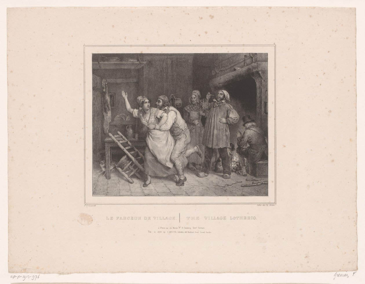 Hombre intenta abrazar a mujer en posada Le farceur de village / The village lotherio (título sobre objeto) Doce representaciones de varias figuras (título de la serie) Album de douze sujets (...) (título de la serie) de François Grenier