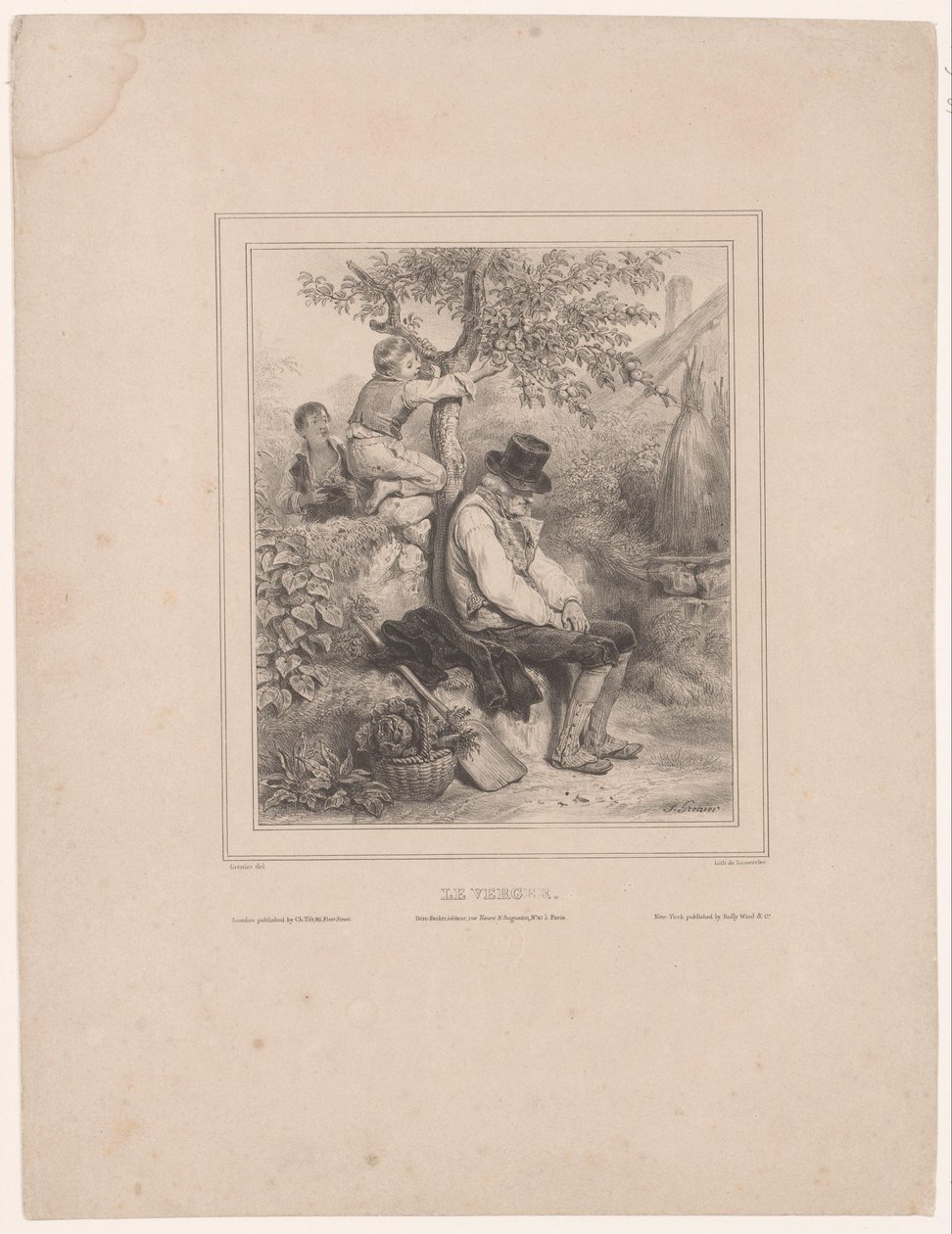 Dos niños recogen manzanas de un granjero dormido Le verger (título sobre objeto) de François Grenier