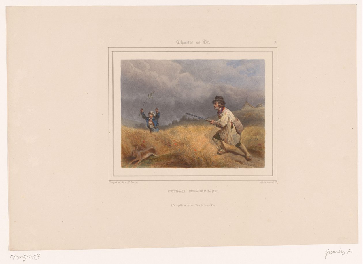 Dos cazadores furtivos persiguen a una liebre
Paysan braconnant (título en el objeto)
Cazadores con armas (título de la serie)
Chasses au Tir (título de la serie en el objeto) de François Grenier