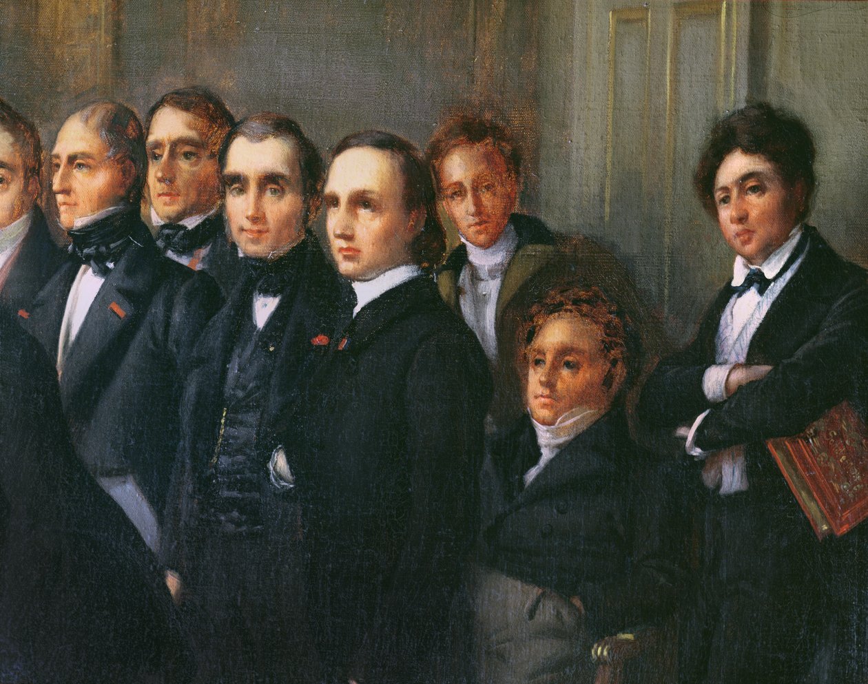 Conferencia en el vestíbulo de la Comédie Française, 26 de mayo de 1828 (detalle) de François Joseph Heim