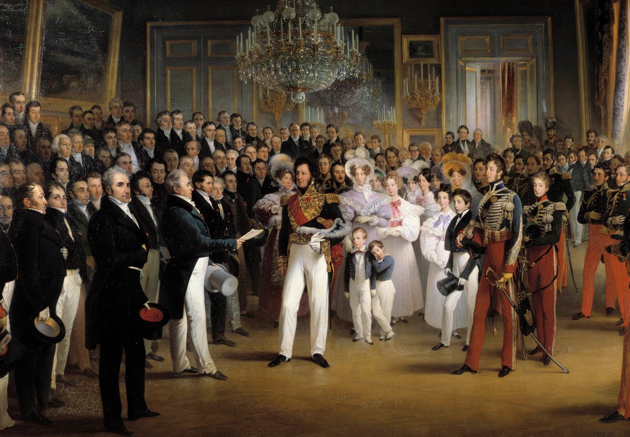 Revolución de 1830: La Cámara de Diputados presenta al Duque de Orleans, Luis Felipe I, el acta que lo llama al trono y la Carta de 1830, en el Palacio Real, el 7/08/1830 (detalle) de François Joseph Heim