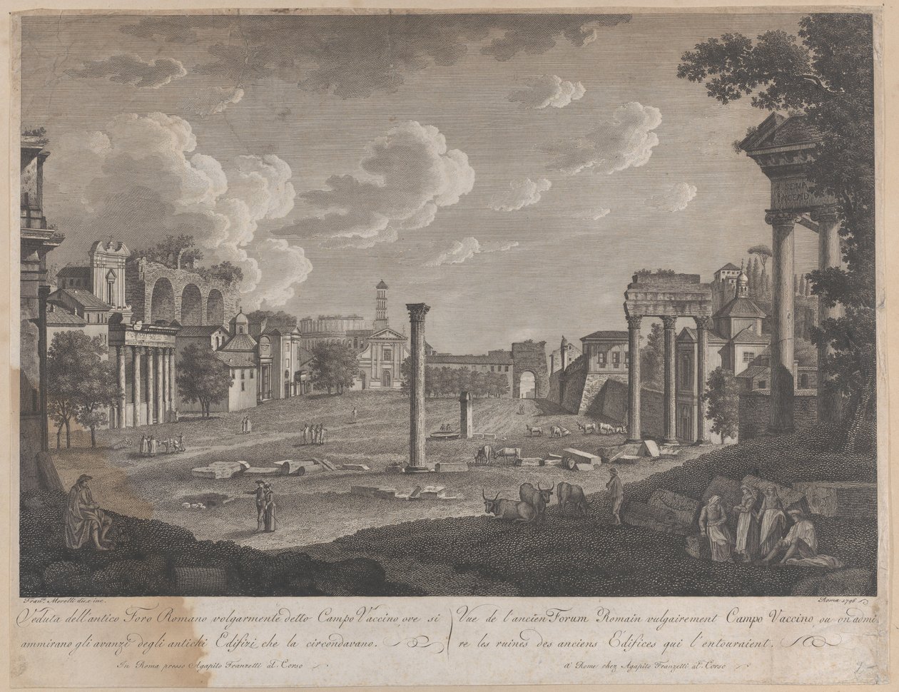 Vista del Campo Vaccino, con el Coliseo al fondo y las ruinas del Templo de François Morel