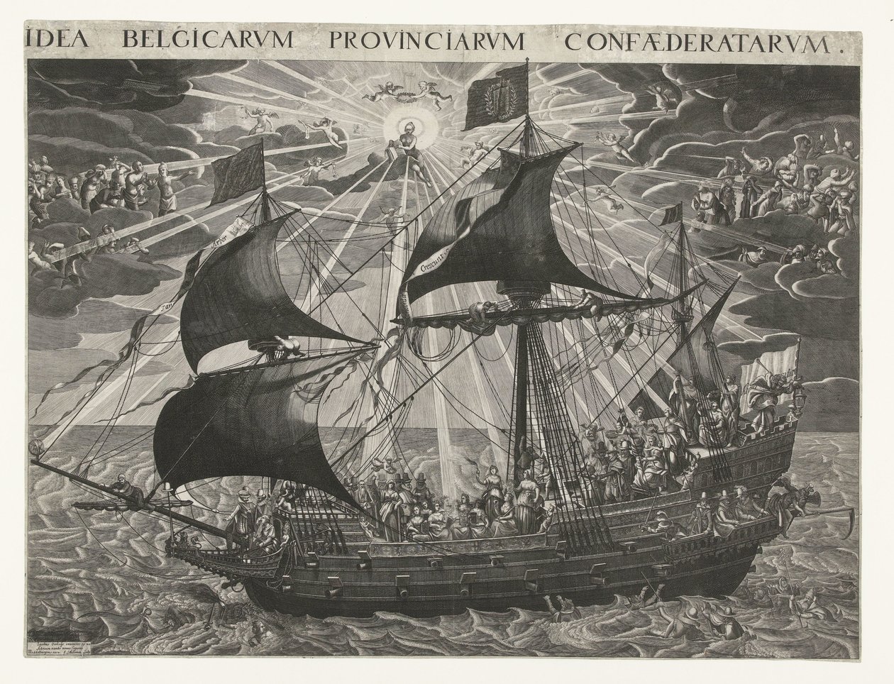 El barco del estado, 1620 Alegoría del estado feliz del país después del sínodo de Dordrecht Idea Belgicarum Provinciarum Confaederatarum (título sobre objeto) de François Schillemans