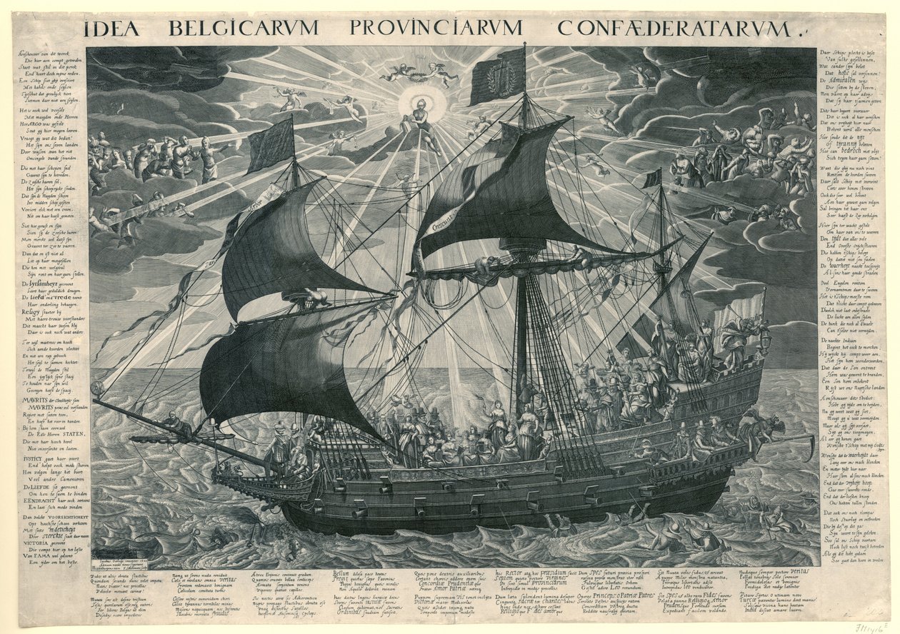 El barco del estado, 1620 Alegoría del estado feliz del país después del sínodo de Dordrecht Idea Belgicarum Provinciarum Confaederatarum (título sobre objeto) de François Schillemans