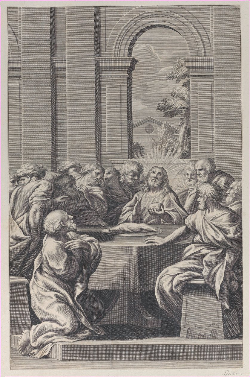 La última cena, el interior de un edificio clásico con Cristo y sus apóstoles sentados, 1660-81 de François Spierre