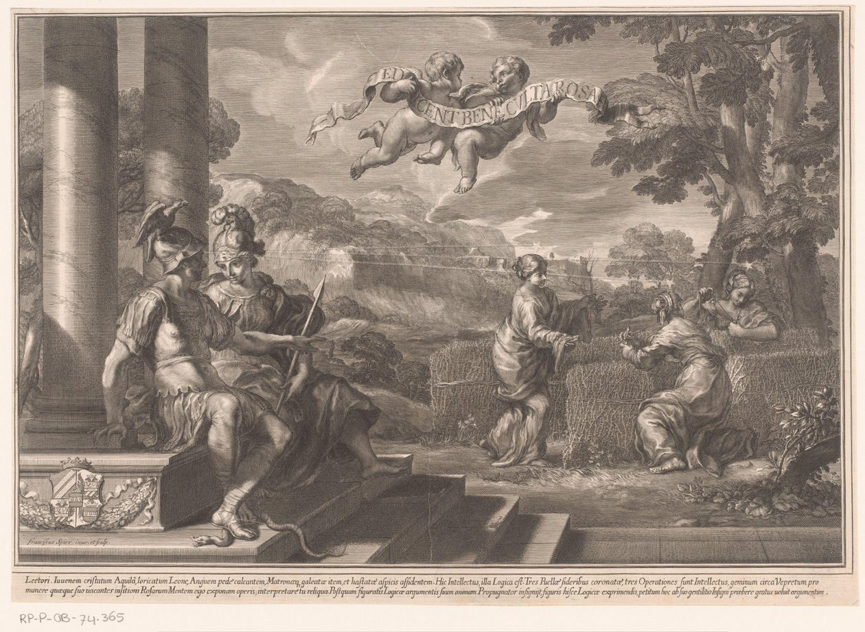 Personificaciones sentadas del Genio y la Filosofía con ninfas plantando rosas de François Spierre
