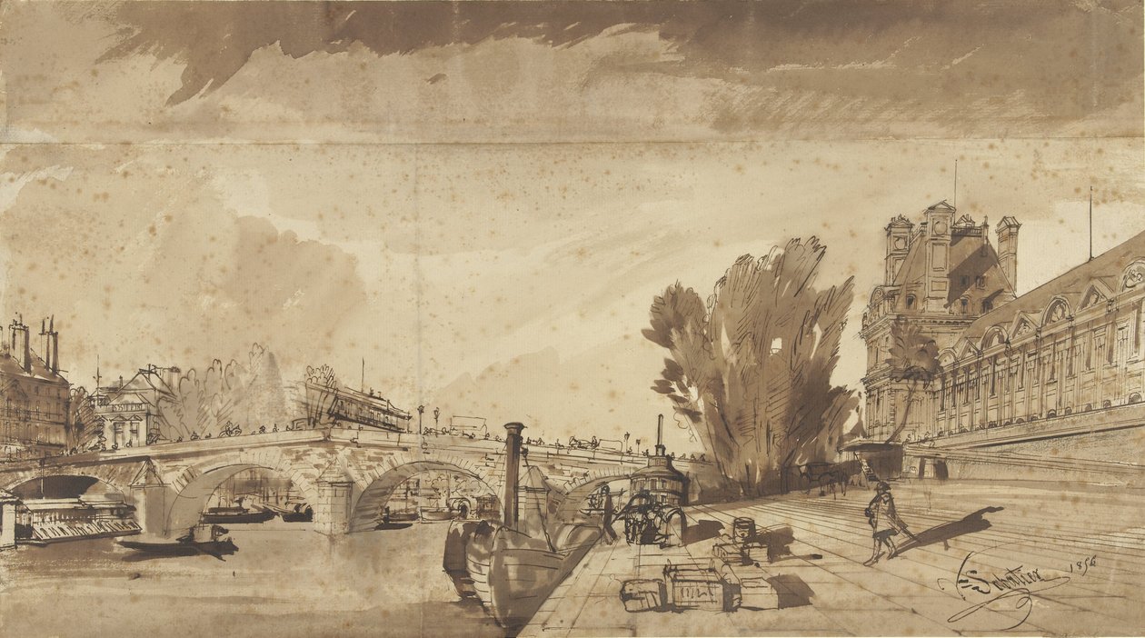 El Sena y el Puente Real; a la derecha, el pabellón de Flore y un ala del Louvre de François Victor Sabatier