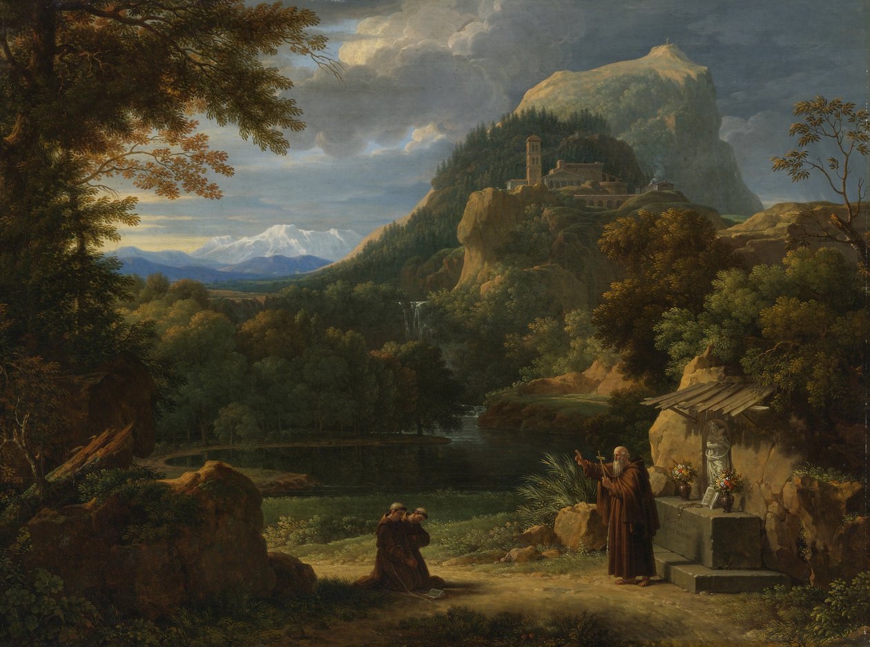 San Antonio de Padua presentando a dos novicios a los frailes en un paisaje montañoso de Francois Xavier Fabre